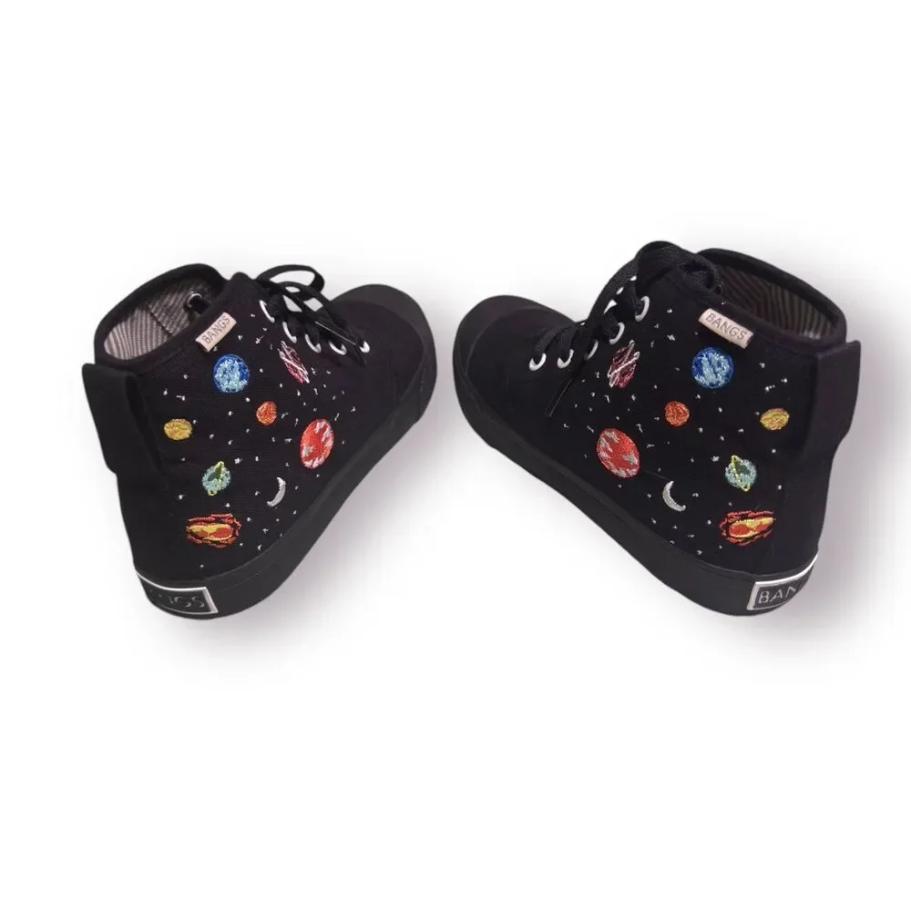 Bangs Black Planets‎ Hightop Canvas Rubber Sole Lace Up Shoes Women 6.5 Men 5